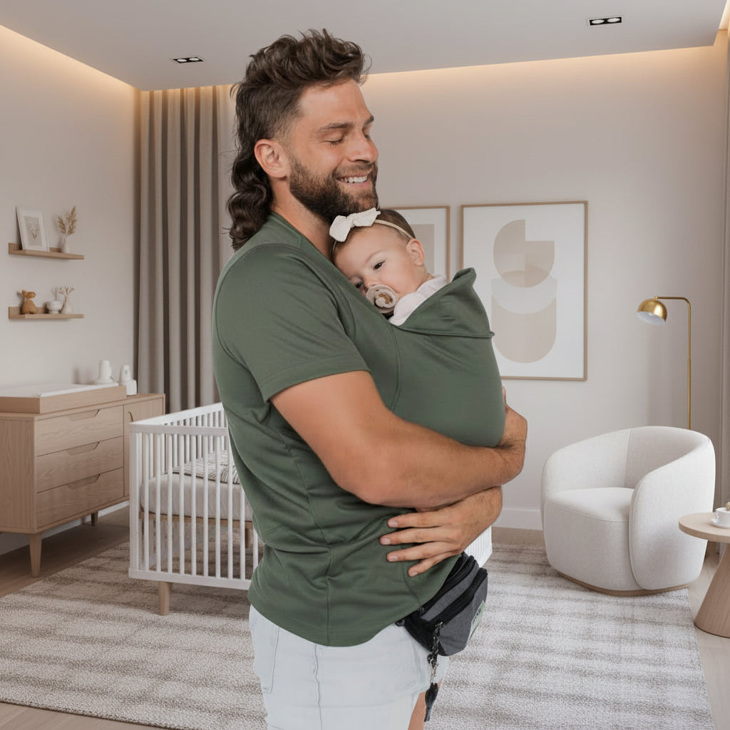 Unisex ergonomic baby carrier t-shirt ensuring ultimate comfort and support for baby and parent.