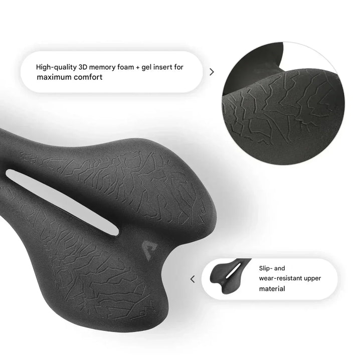 Premium bike accessory: ergonomic unisex bicycle saddle. Memory foam for ultimate comfort, breathable and durable.