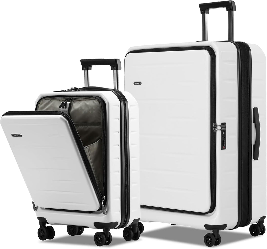 Unisex expandable hard shell carry-on suitcase with convenient front pocket & TSA lock for secure travel.