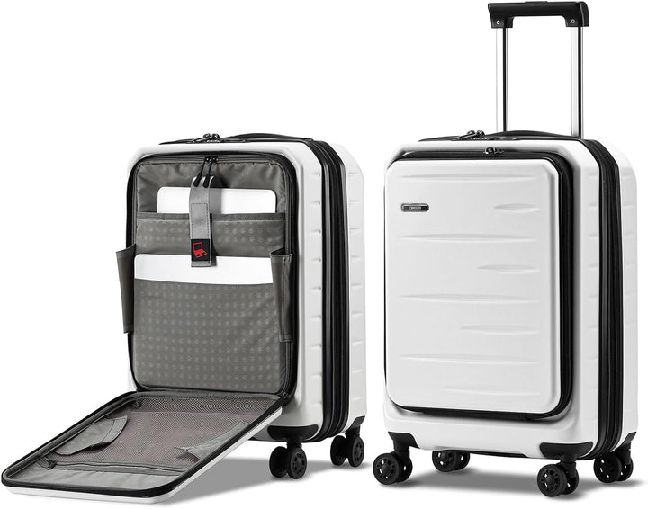 Unisex hardshell carry-on, compact and expandable, with accessible front pocket & integrated TSA lock.