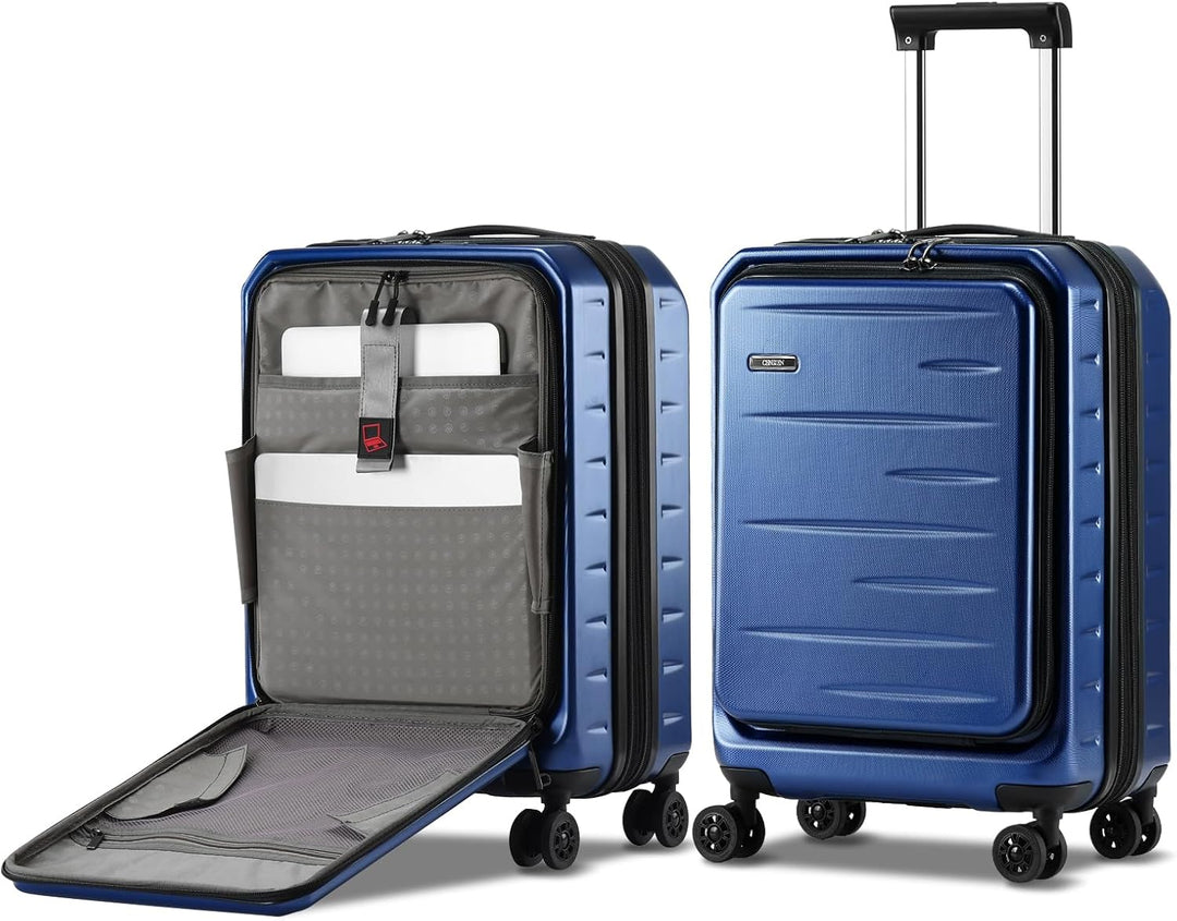 Stylish expandable hard shell carry-on suitcase, perfect for travel, with front pocket & TSA security lock.