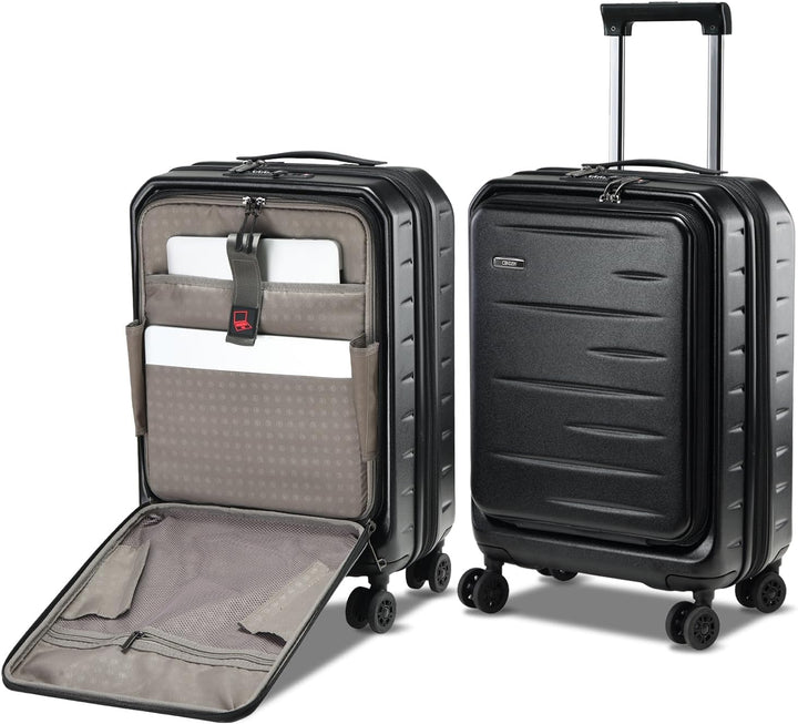 Practical unisex carry-on luggage: hard shell, expandable, with a smart front pocket & TSA lock system.