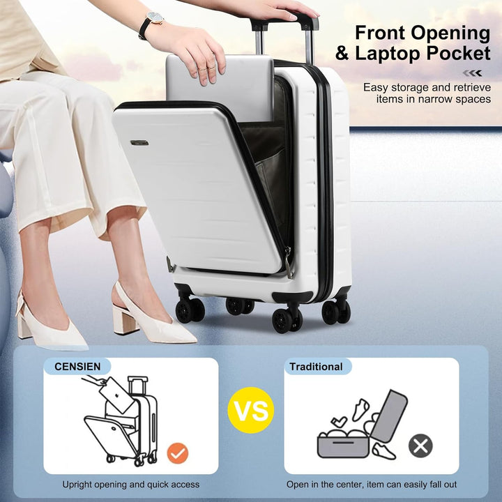 Efficient hard shell carry-on with expandable storage, front pocket for quick access, & TSA lock.