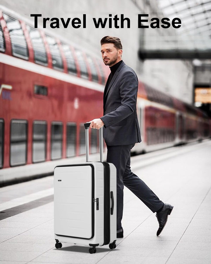 Sleek hard shell carry-on, expandable, with a versatile front pocket & reliable TSA combination lock.