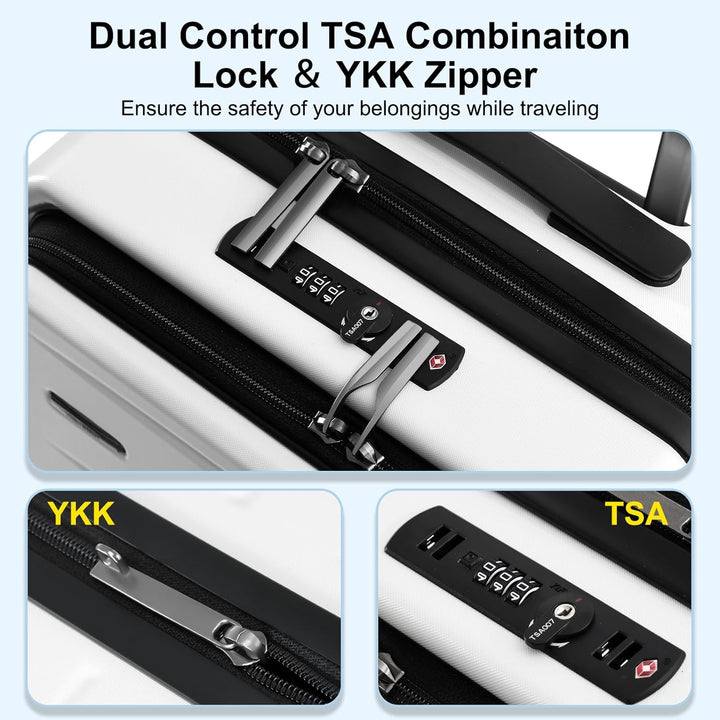Expandable hard shell carry-on suitcase featuring a front pocket, spinner wheels, and TSA lock for safety.