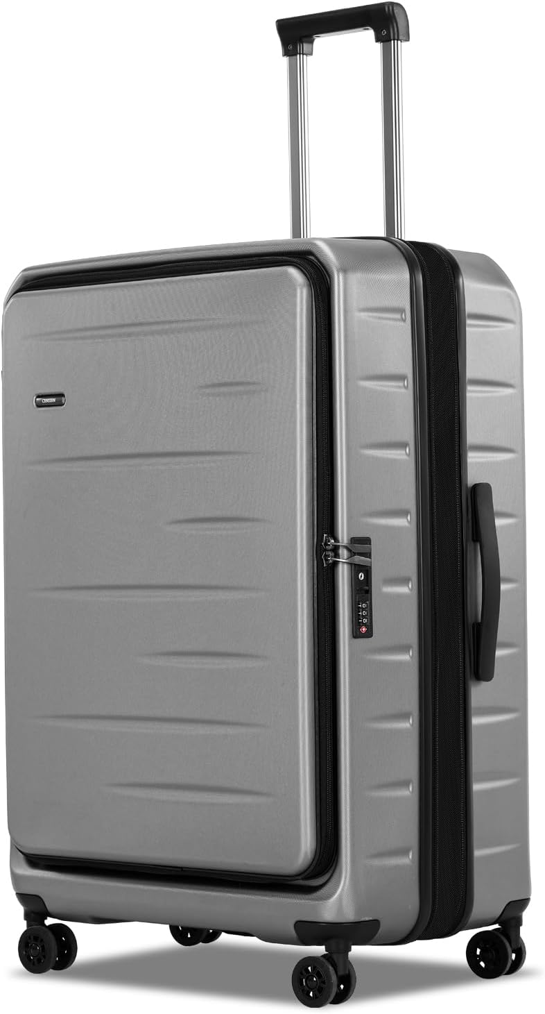 Compact hard shell carry-on luggage with front pocket, spinner wheels, & TSA lock; perfect for travel.