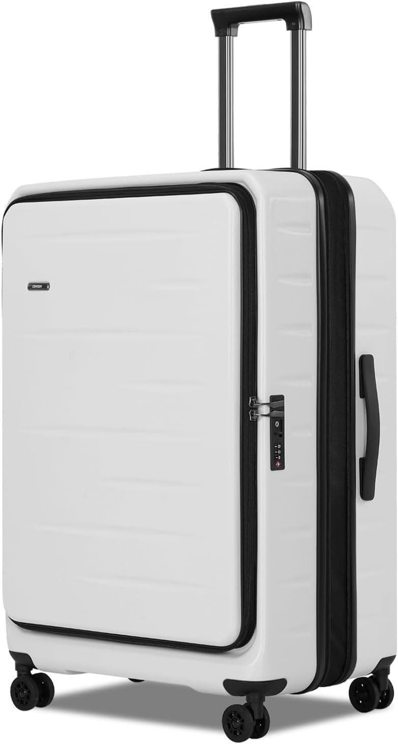 Travel-ready hard shell carry-on suitcase, expandable, with easy-access front pocket & security TSA lock.