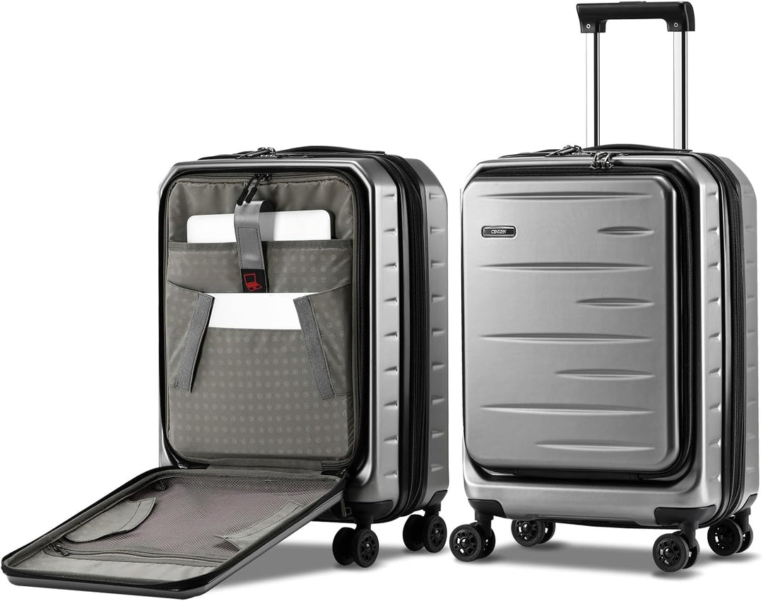 Durable hard shell carry-on suitcase, expandable for extra space, featuring a front pocket & TSA lock.