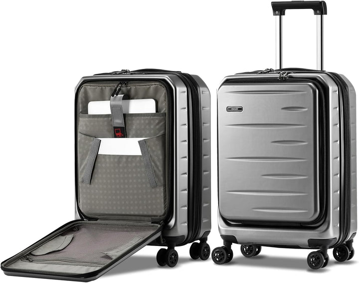 Durable hard shell carry-on suitcase, expandable for extra space, featuring a front pocket & TSA lock.