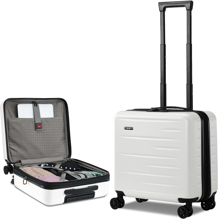 Modern expandable carry-on luggage with hard shell protection, handy front pocket, & built-in TSA lock.