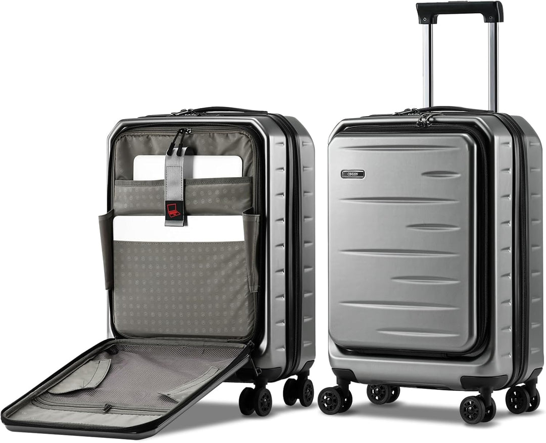Travel with ease: unisex hard shell carry-on, expandable, with front pocket & TSA lock, spinner wheels.