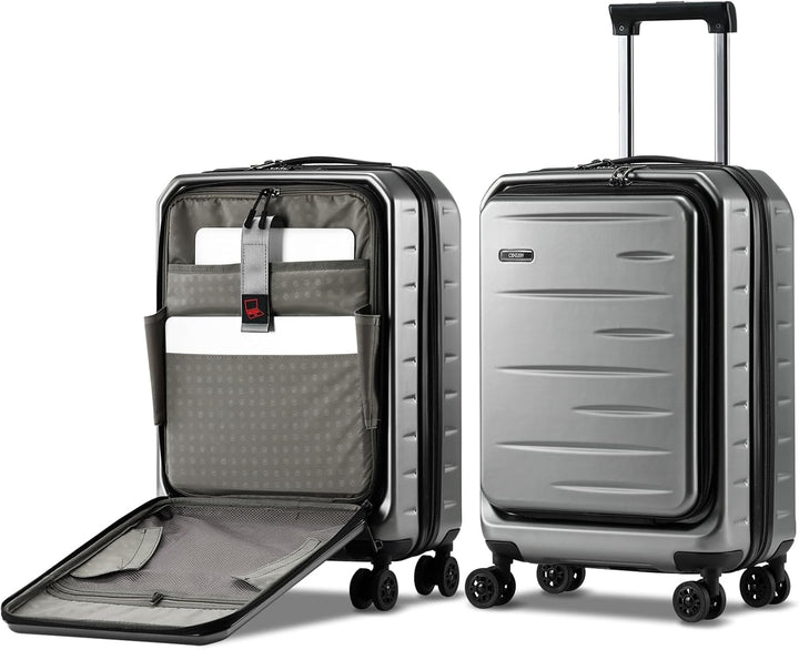 Travel with ease: unisex hard shell carry-on, expandable, with front pocket & TSA lock, spinner wheels.