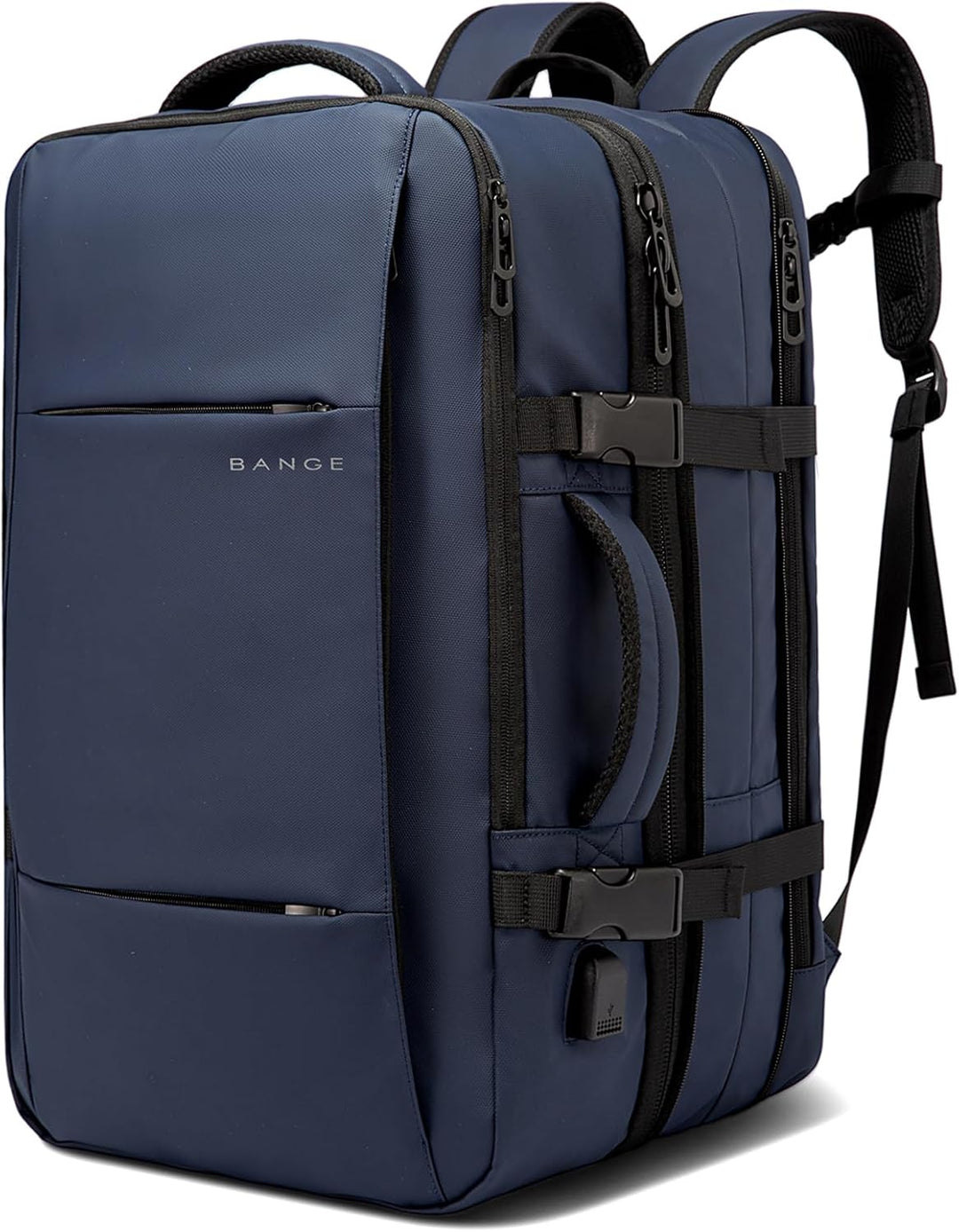Spacious 26-45L expandable travel backpack, showing main compartment & organization.
