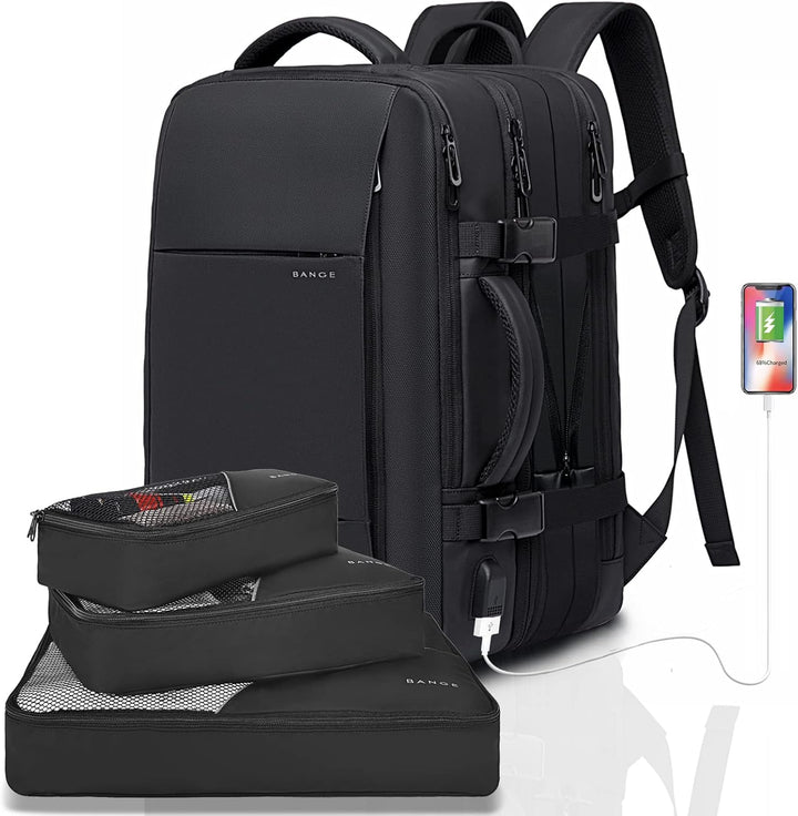 Back view of the ergonomic travel backpack, 26-45L, with chest strap.