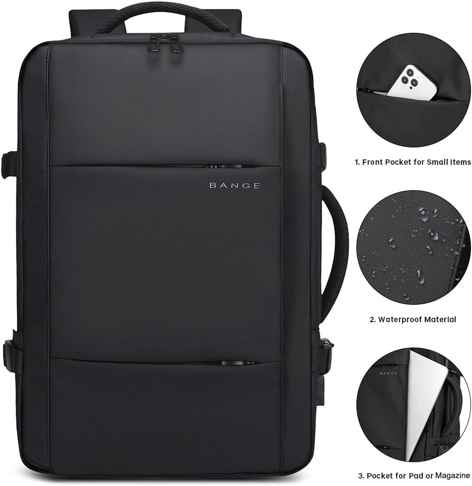 Black expandable travel backpack 26-45L, ideal carry-on luggage for men & women.