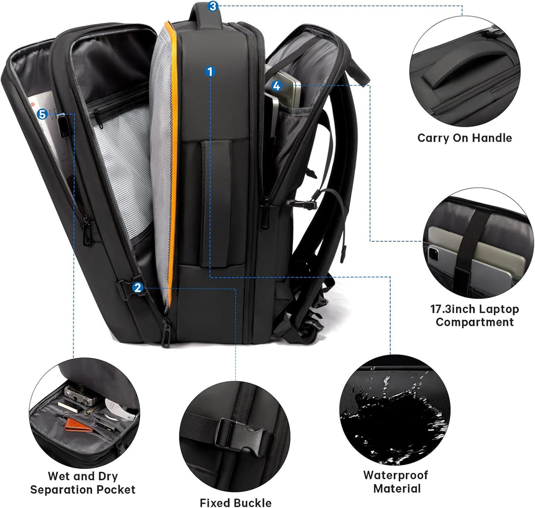 Student with anti-theft laptop travel backpack on a university campus.