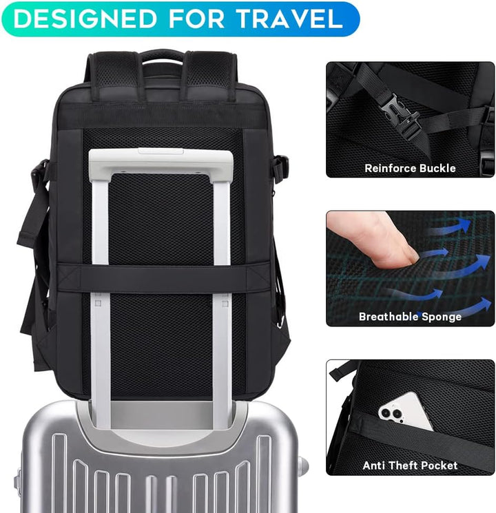 Laptop backpack for travel, expandable from 26L to 45L, with padded sleeve.