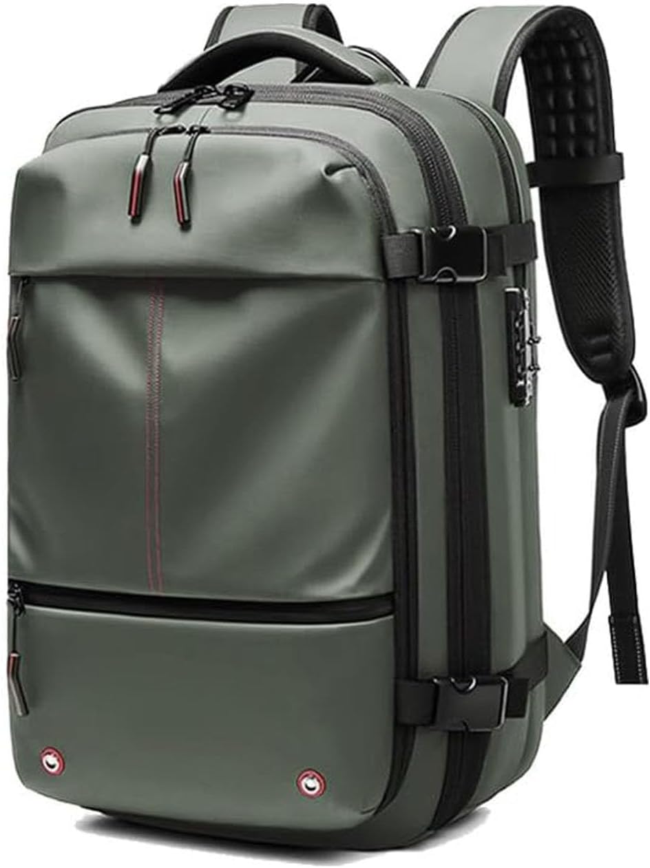 Unisex expandable travel backpack with anti-theft lock, wet compartment & compression straps for efficient packing.