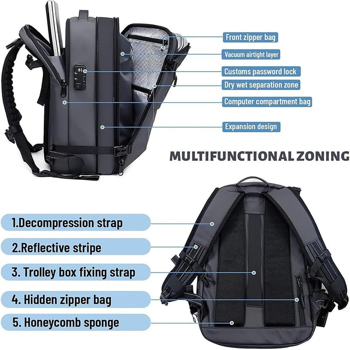 Efficient travel backpack: expandable, anti-theft lock, wet compartment, durable oxford cloth, perfect for trips.