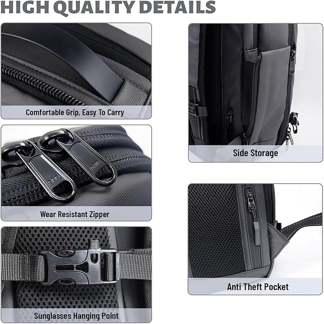 Carry-on travel backpack for men/women. Expandable, anti-theft, wet compartment, and strong compression straps.