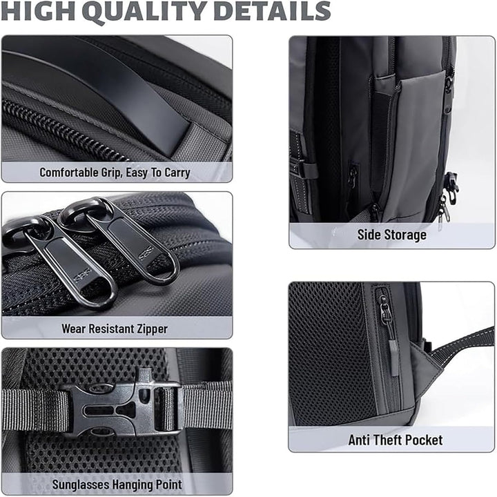 Carry-on travel backpack for men/women. Expandable, anti-theft, wet compartment, and strong compression straps.
