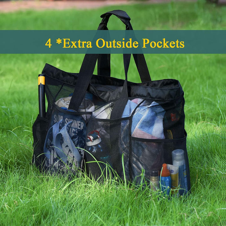 Versatile extra-large mesh bag, sandproof, multi-purpose as a beach, pool, or family travel carryall.