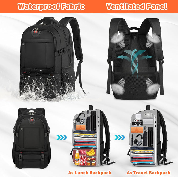 Commuter extra-large travel backpack with USB charging. Waterproof design & insulated pocket for food/drinks on the go.