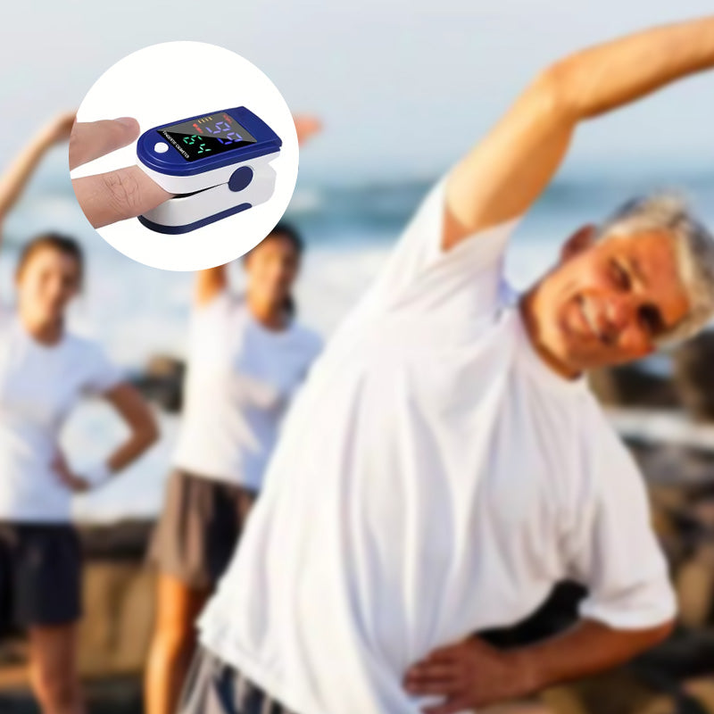 Portable pulse oximeter showing digital display of SpO2 and pulse rate, ideal for home health monitoring
