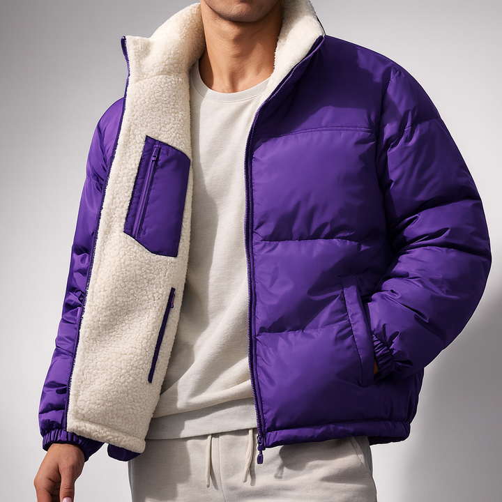 Unisex puffer jacket in a neutral color, styled casually on a mannequin, showcasing its insulated design.