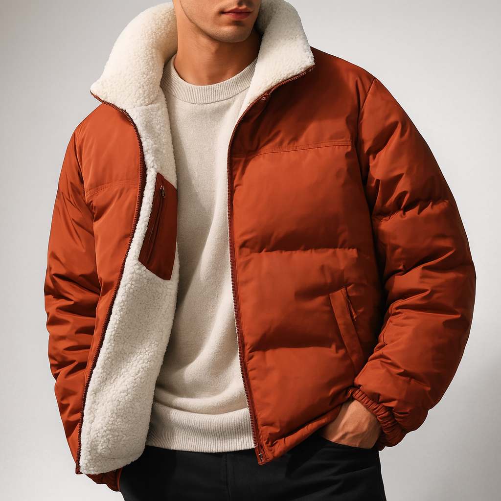 Side view of a unisex fleece-lined winter coat, emphasizing its puffed, insulated look and comfort.