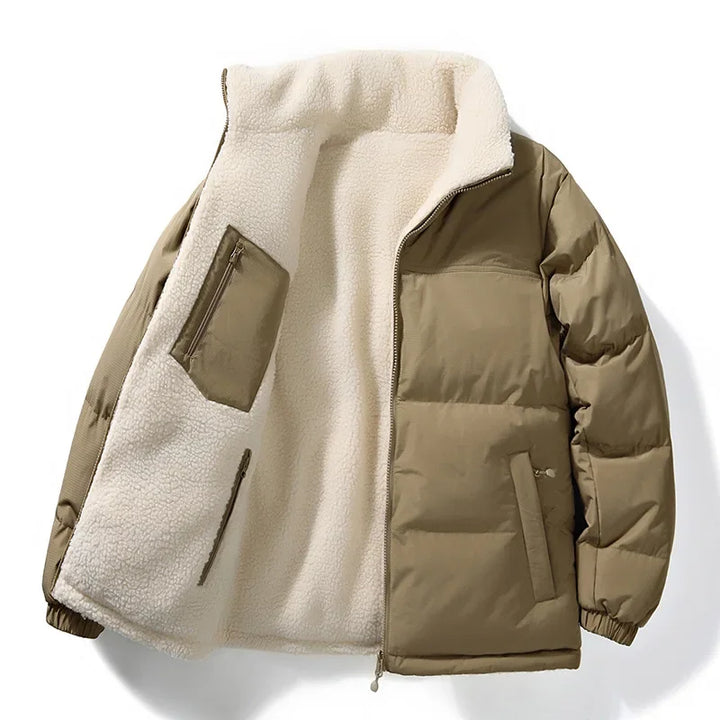 Back view of a unisex casual wear puffer jacket, showing its complete design and winter readiness.