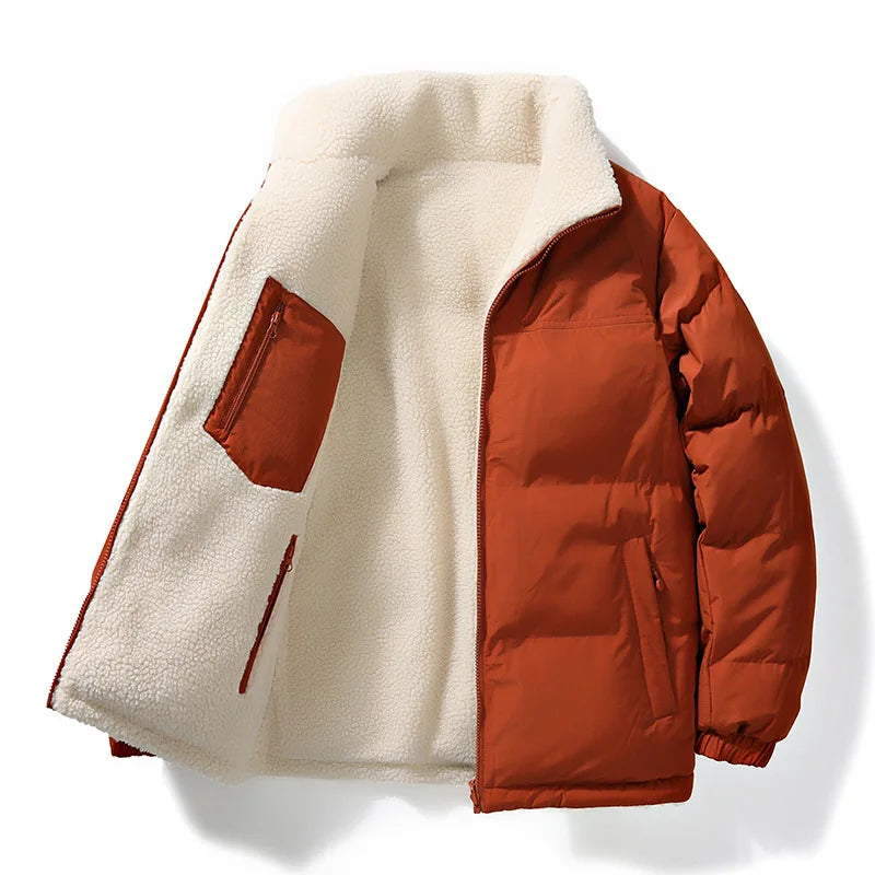 Unisex fleece-lined puffer jacket with hood up, demonstrating extra warmth and protection against cold.