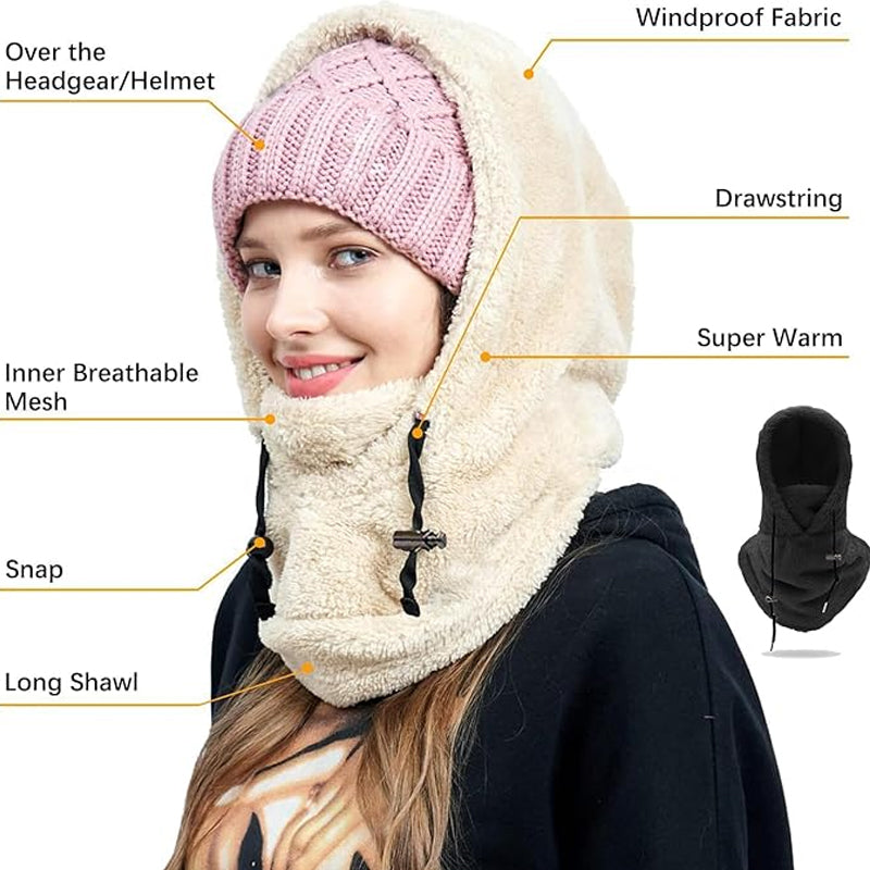 Close-up of a fleece thermal balaclava ski mask showing soft material and neck warmer feature