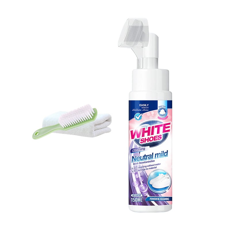 Demo of Foam No-Rinse Sneaker Cleaner removing dirt from a white shoe instantly, quick clean.