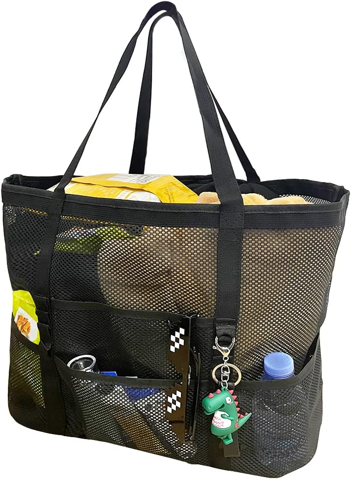 Unisex foldable mesh beach tote bag with 9 pockets, perfect for family essentials & swim gear. Sandproof design.