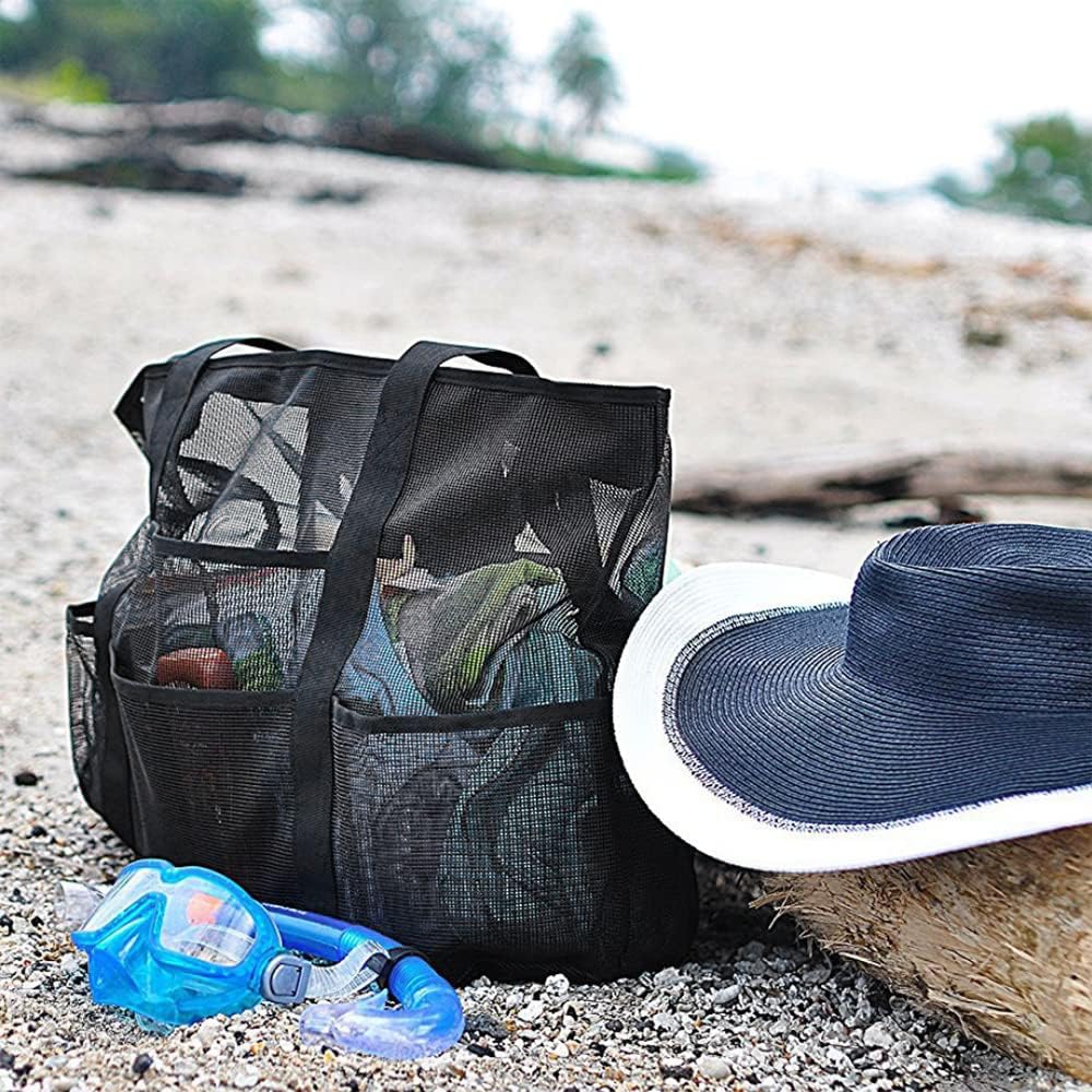 Large capacity mesh tote bag, foldable for easy travel. Ideal family beach & pool bag for organization and convenience.