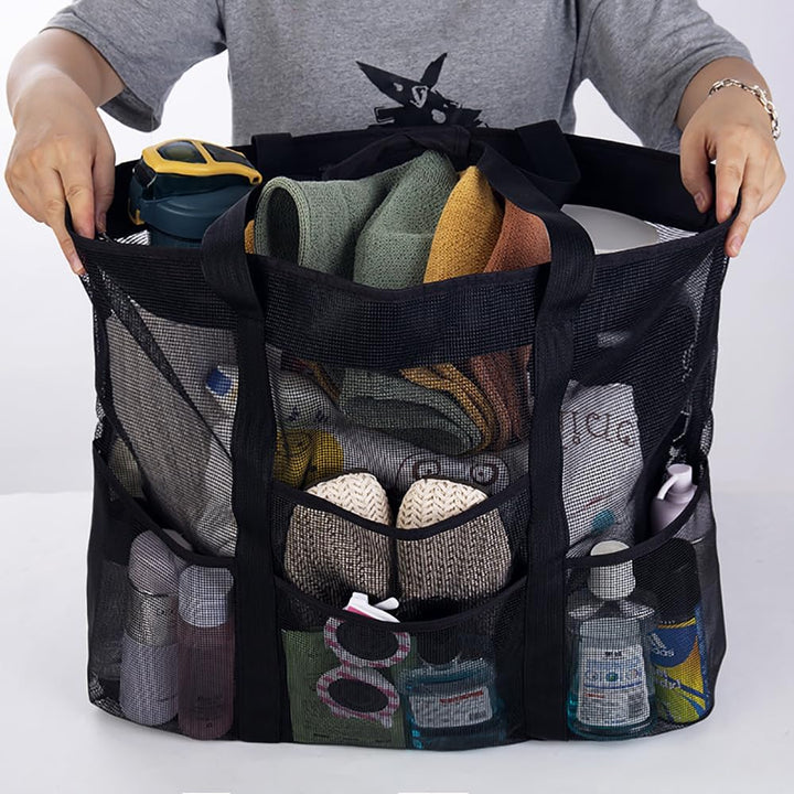 Stylish mesh beach bag featuring 9 organizational pockets. Unisex foldable design, great for family travel & pool days.