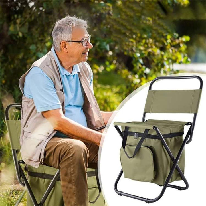 Portable camping chair with built-in cooler, perfect for beach, fishing & outdoor events.