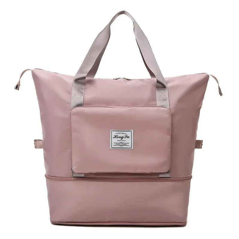 Spacious FlexCarry carry-on duffel bag with organized compartments, packed for efficient airport essentials.