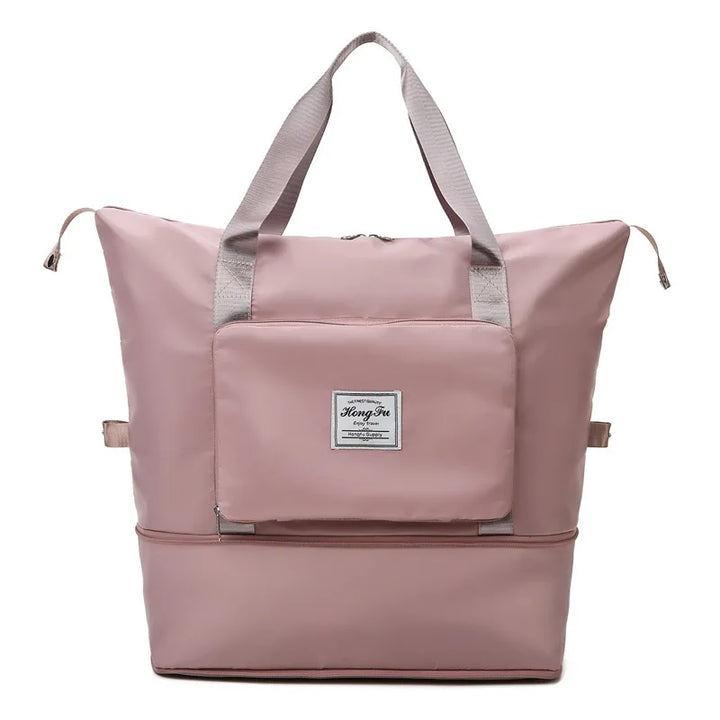 Spacious FlexCarry carry-on duffel bag with organized compartments, packed for efficient airport essentials.