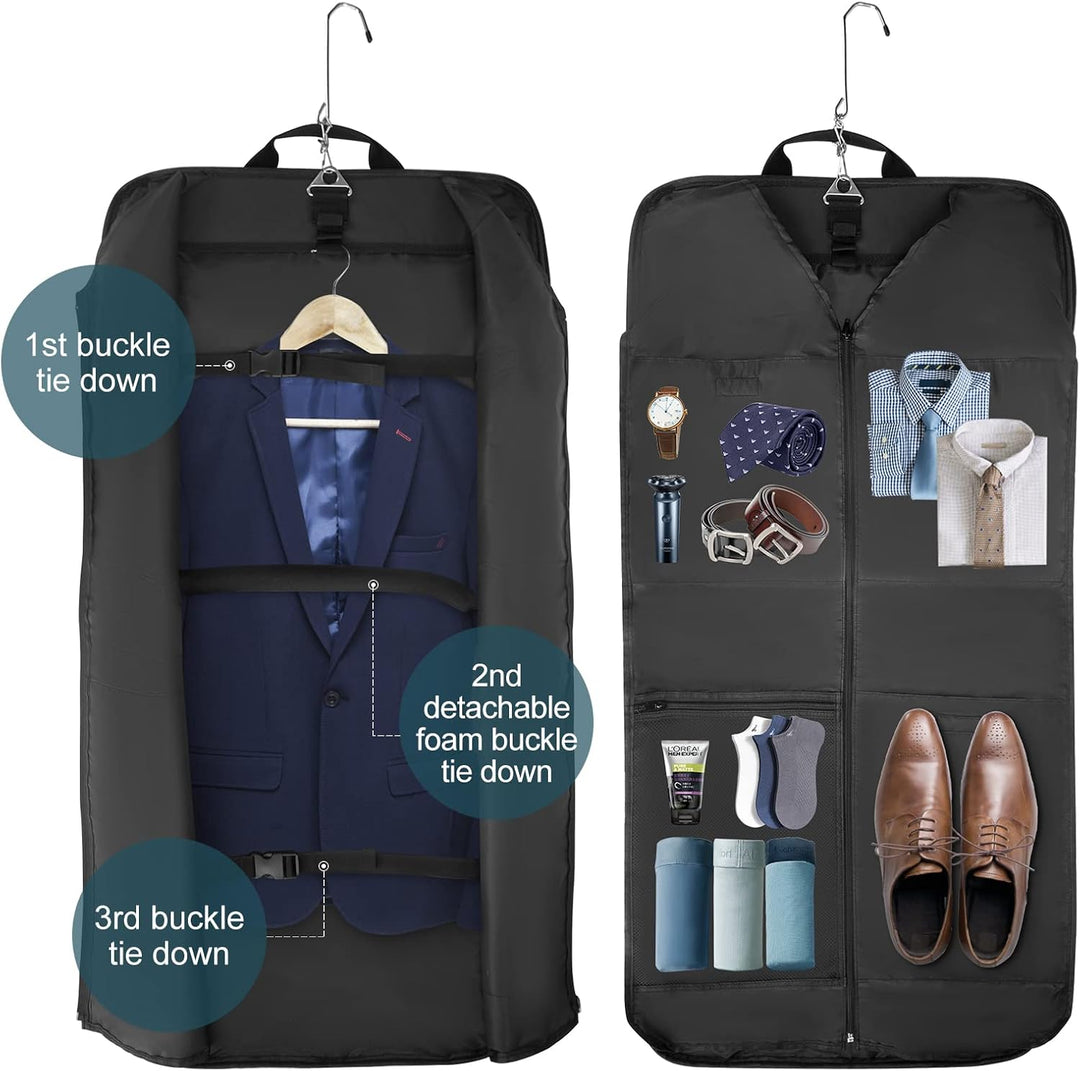 Compact, folded waterproof carry-on garment bag for suits. Ideal unisex travel essential for business trips.