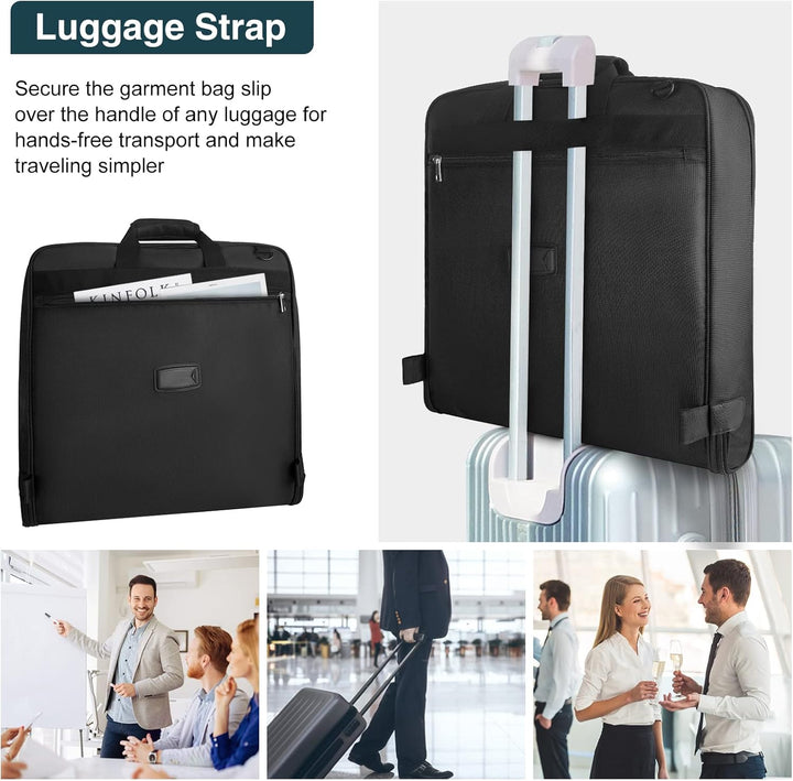Interior view of unisex garment bag, organizing suits & essentials. Wrinkle-free waterproof travel luggage.