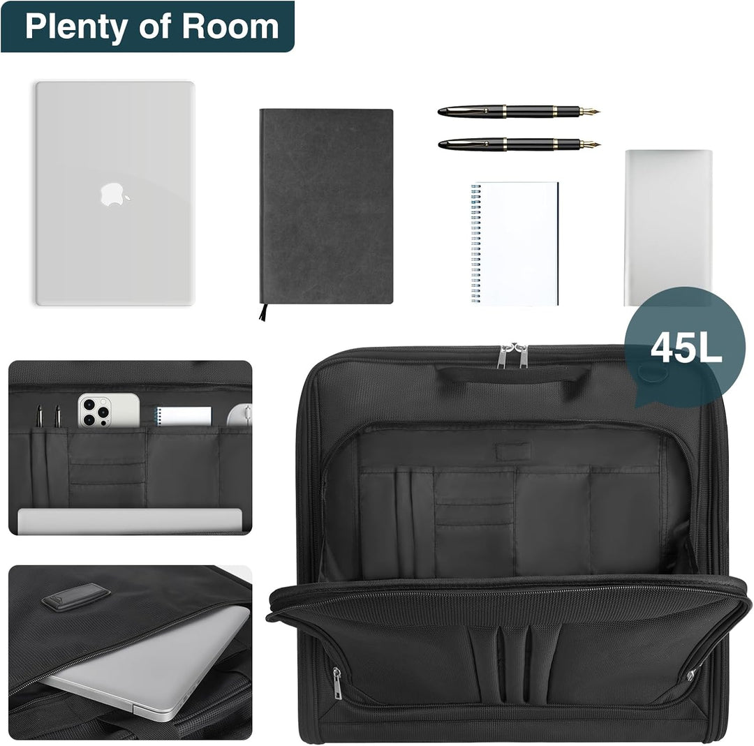 Person carrying a stylish unisex waterproof carry-on garment bag, ideal for business travel & suit protection.