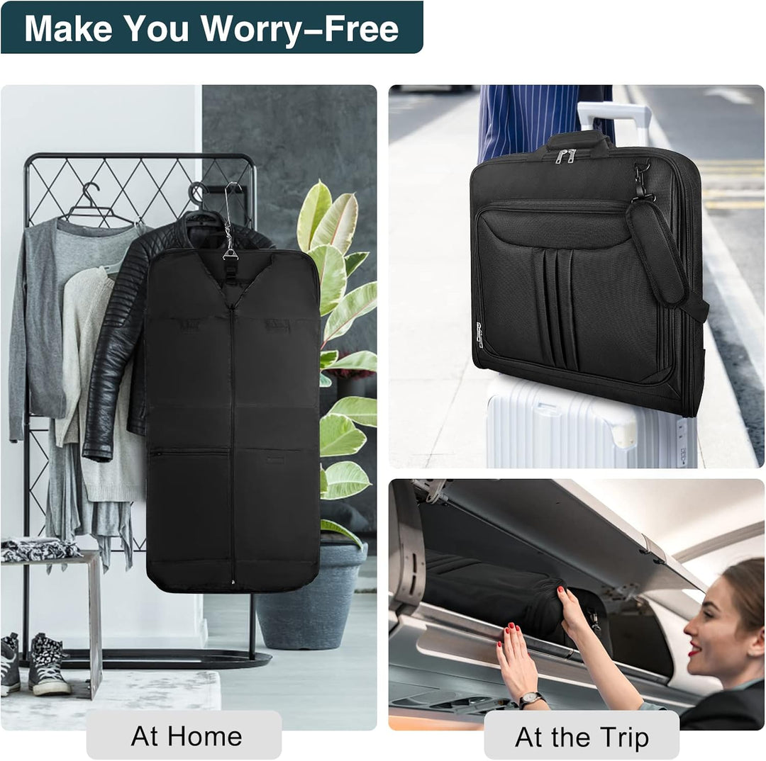 Durable waterproof travel garment bag for suits. Foldable unisex carry-on luggage ensures wrinkle-free business trips.