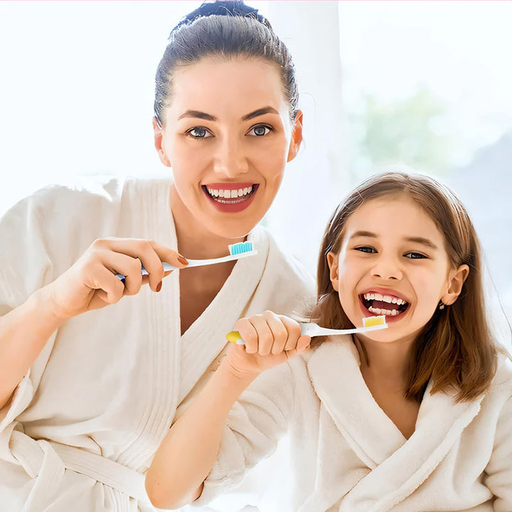 Close-up of the bristles on a folding travel toothbrush, highlighting dental hygiene