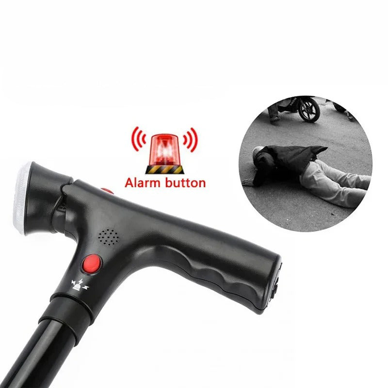 Assistive device: Unisex folding cane with dual handles, alarm & LED light for seniors seeking balance & support.