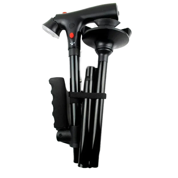Black folding walking cane with ergonomic dual handles, integrated LED light, and emergency alarm for reliable support.