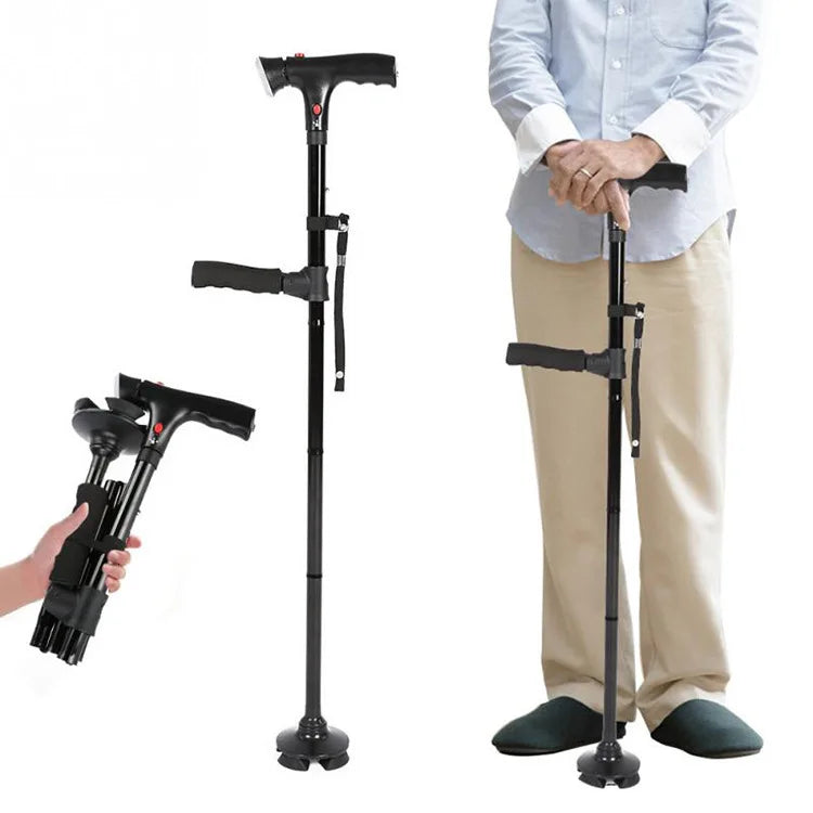 Unisex folding walking cane with LED light & dual grips for enhanced balance & support. Portable mobility aid.