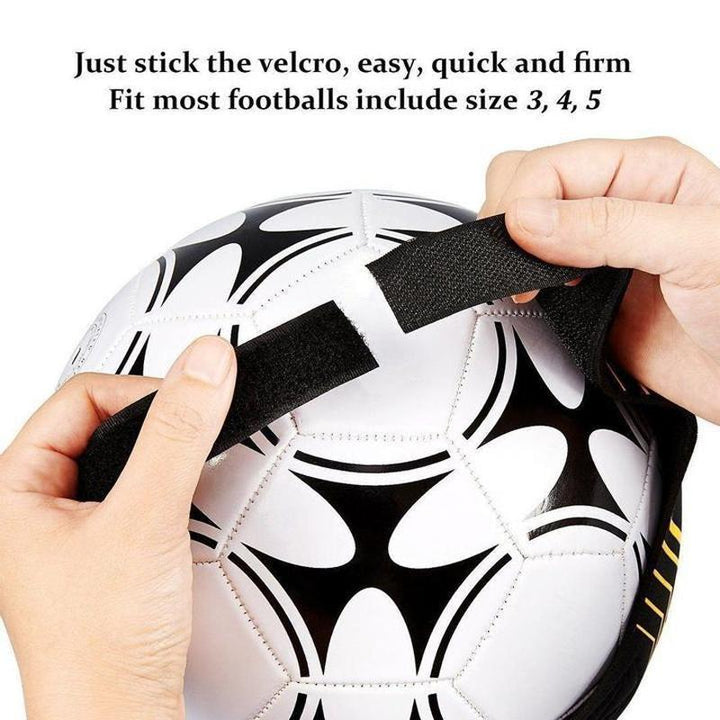 Solo soccer training aid, adjustable belt and tether for repetitive kicking accuracy.