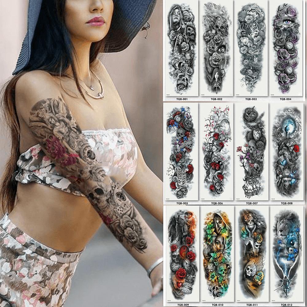 Unisex full arm temporary tattoo sleeve, intricate black and gray dragon design, waterproof body art sticker.